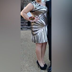Sydney’s Closet silver and gold with black sequin cocktail dress